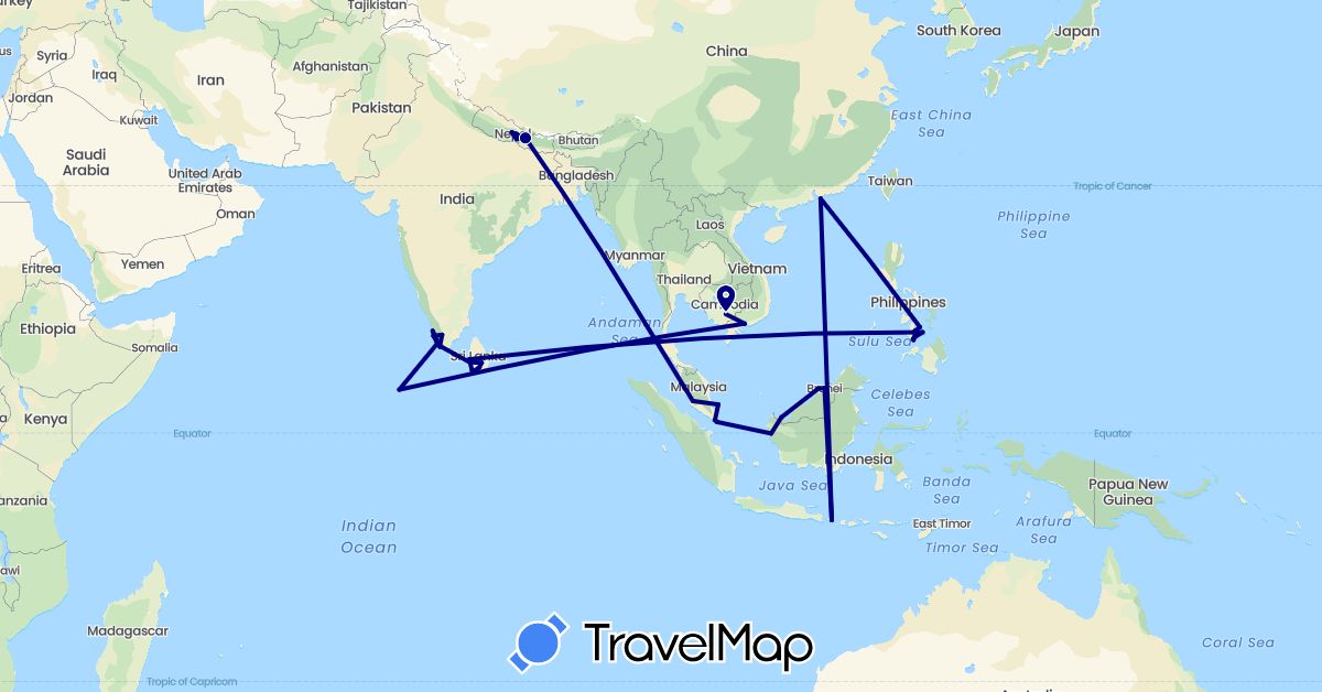 TravelMap itinerary: driving in Brunei, China, Indonesia, India, Cambodia, Sri Lanka, Maldives, Malaysia, Nepal, Philippines, Singapore, Vietnam (Asia)